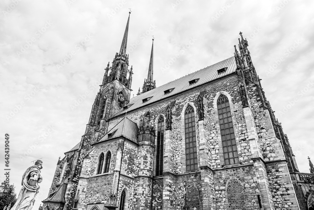 The medieval gothic cathedral of Saints Peter and Paul located on Petrov hill in Brno, Moravia, Czech Republic in black and white