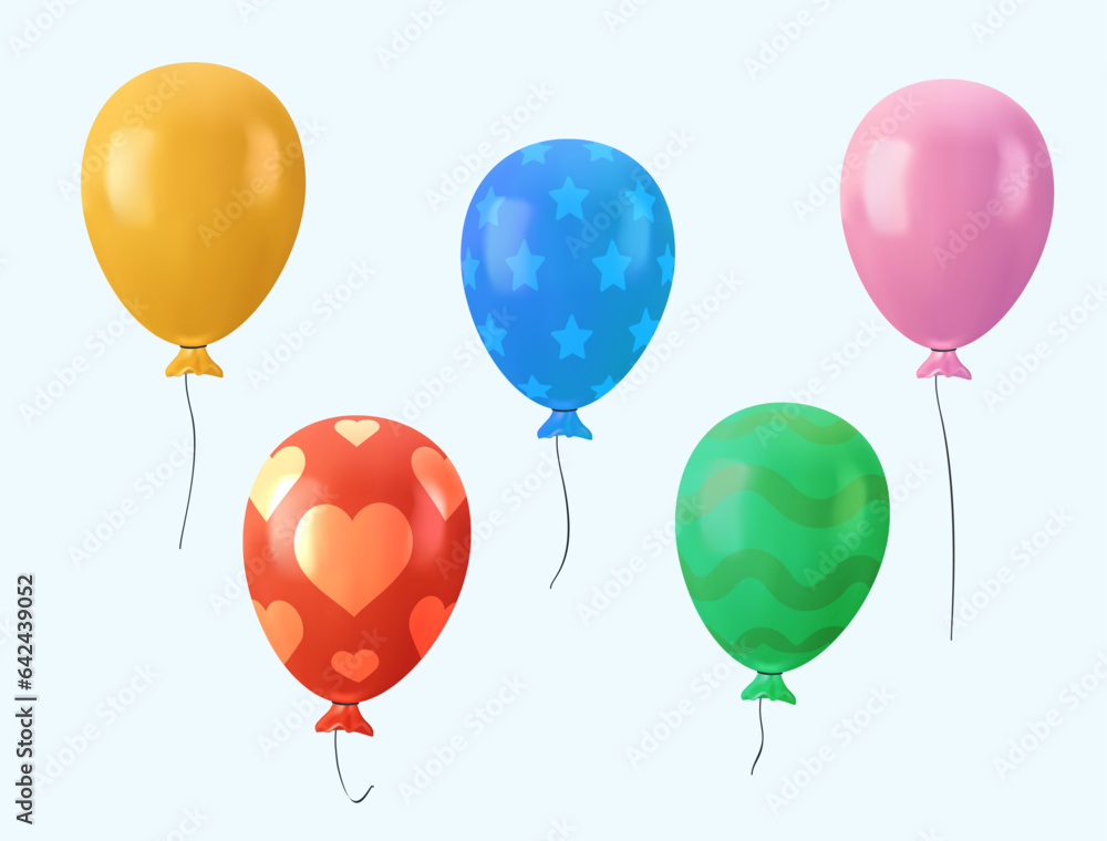 3D helium balloons set in cartoon style. Different color balloon, birthday party, valentine's day, wedding festive