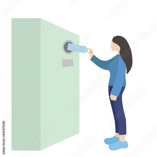 A girl throws a plastic bottle into a bottle recycling machine, in motion, flat vector, isolate on white, faceless illustration, ecology