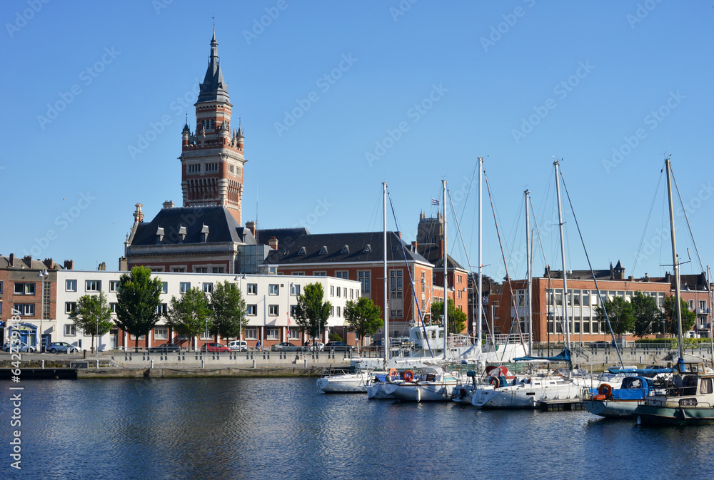 Dunkerque, France, Marina Port du Commerce and the tower of the cityhall