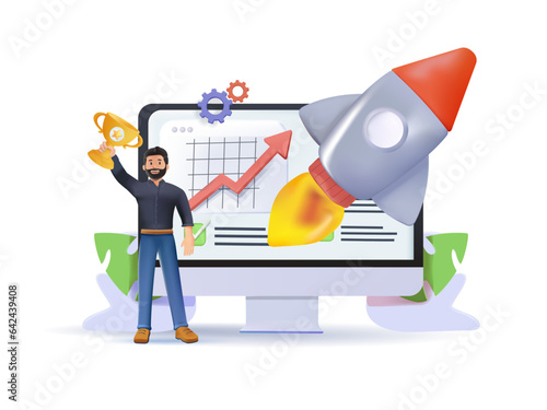 3D project implementation abstract concept vector illustration set. 3D Project initiation and closure, workflow process, business analysis, vision and scope, management software, deadline abstract 3D