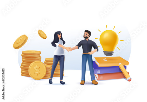 3D business porters a successful team, creative. The investor holds money in ideas, startup idea. vector illustration on white background. financing of creative projects. woman man business 3D vector