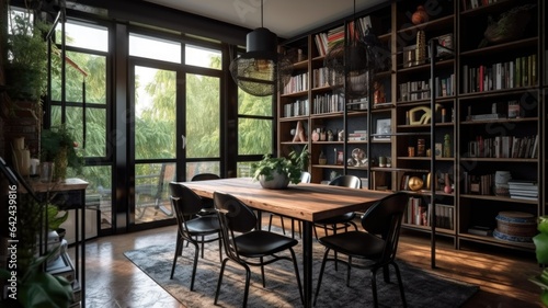 Interior design inspiration of Industrial Mid-Century Modern style home dining room loveliness decorated with Metal and Leather material and Pendant Light .Generative AI home interior design .