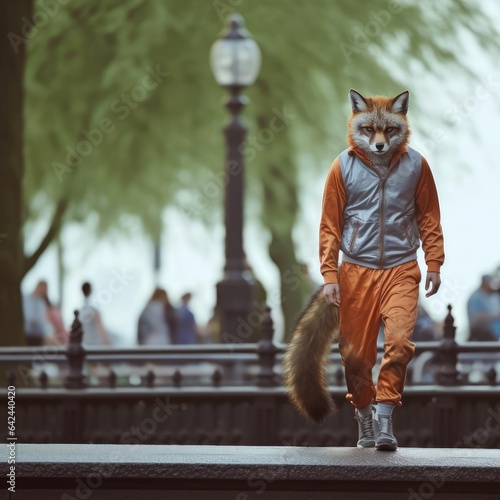A fox man walks through the city