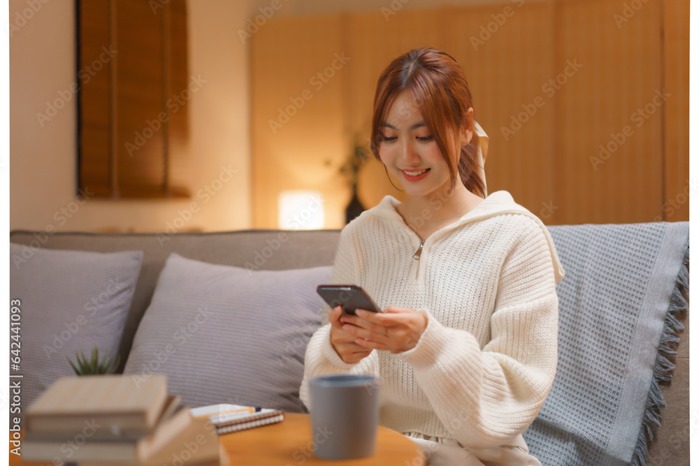 Winter season concept, Young woman surfing social media on smartphone in night time at winter Winter season concept, Young woman surfing social media on smartphone in night time at winter