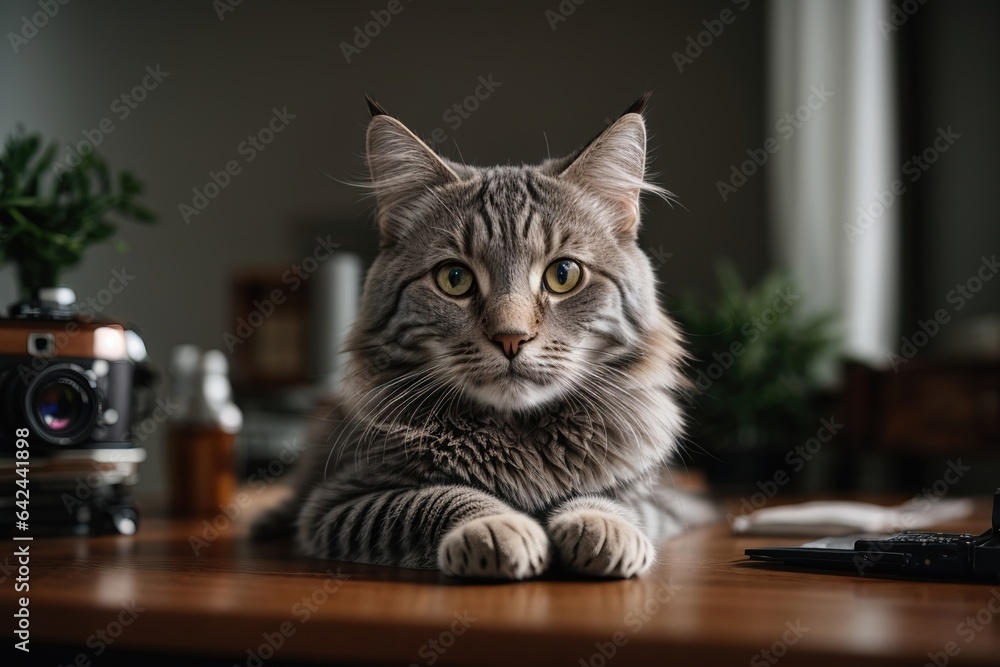 cat on the table in office a beautiful Siberian cat  