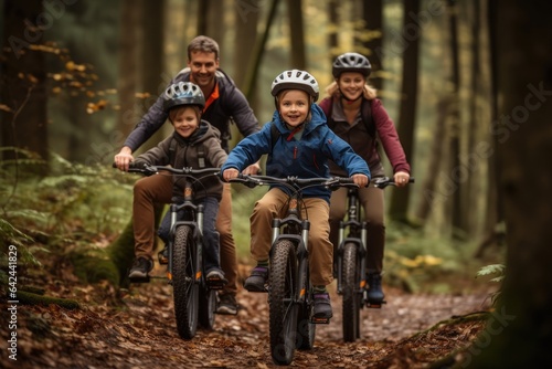 family ride bike in forest very happy 