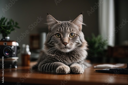 cat on the table in office a beautiful Siberian cat 
