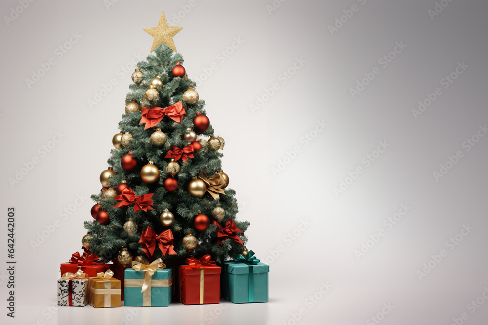 Christmas tree with presents in front of grey background. 3d rendering