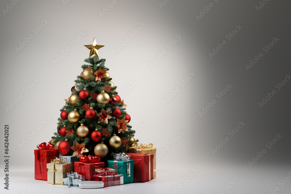 Christmas tree with presents in front of grey background. 3d rendering