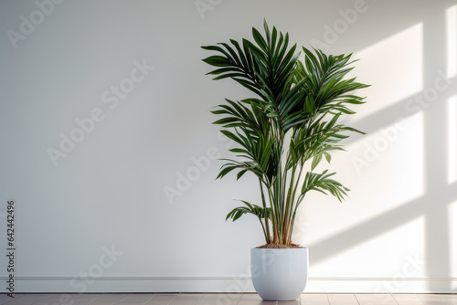 Modern interior mockup template. Light empty space with white wall, wooden floor and green potted plant. Sun rays entering into empty room from the window © vejaa