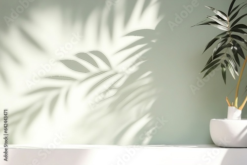 Minimalistic light background with blurred foliage shadow on a light wall. Beautiful background for presentation with with marble floor. generative ai. © SEUNGJIN