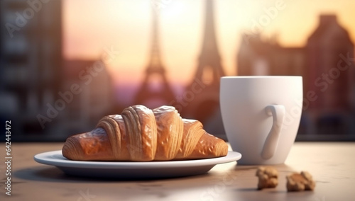 paris breakfast food drink table croissant cup french france bar. Generative AI.