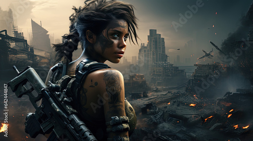 a beautiful woman holding a rifle, female soldier, special forces, futuristic, ruined city background.