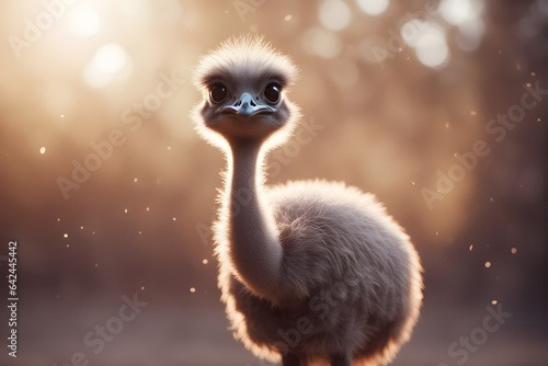Tiny Wonder: Ostrich Chick Basks in the Warmth of the Setting Sun. Ai generative