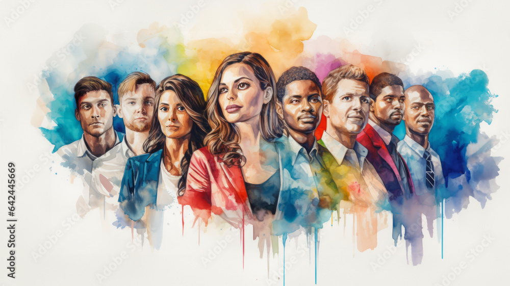 Diversity, inclusion and belonging. DEI, DEIB. A group of diverse, multicultural people. Painted. Drips of colour. Representation. Social justice. Mural. 