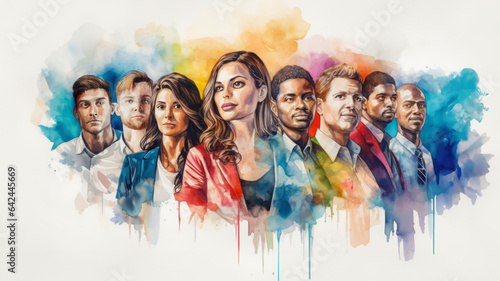 Diversity, inclusion and belonging. DEI, DEIB. A group of diverse, multicultural people. Painted. Drips of colour. Representation. Social justice. Mural. 