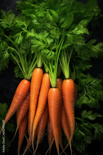 Generated photorealistic image of a bunch of young washed carrots with greens 