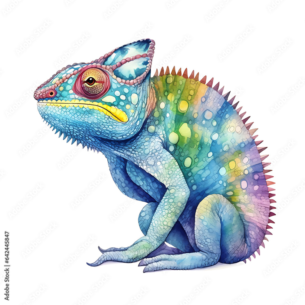 Obraz premium chameleon, made of watercolor, gouache paint, white background, isolated, generative ai