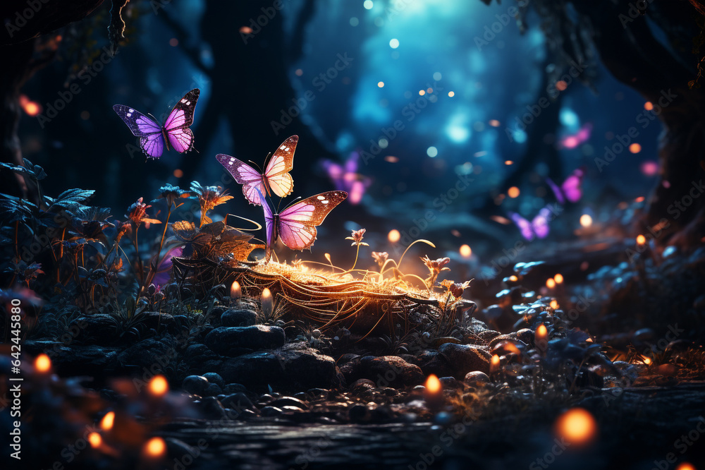 Obraz premium Beautiful fantasy enchanted forest with butterflies, flowers and copy space. Fairy tale outdoor background made with AI'