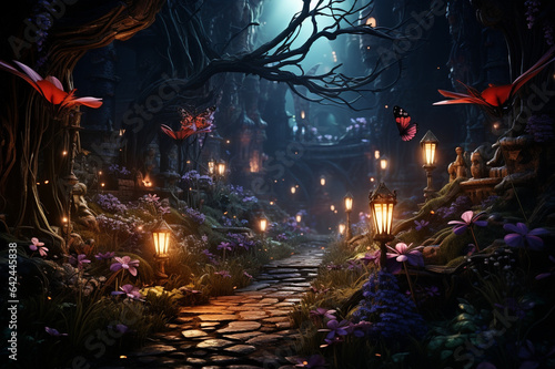 Beautiful fantasy enchanted forest with butterflies, flowers and copy space. Fairy tale outdoor background made with AI'
