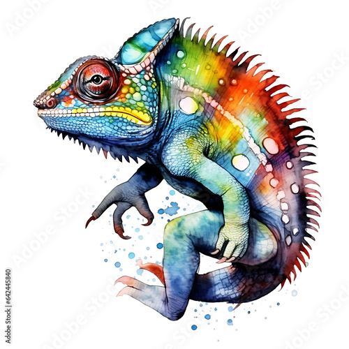 chameleon  made of watercolor  gouache paint  white background  isolated  generative ai