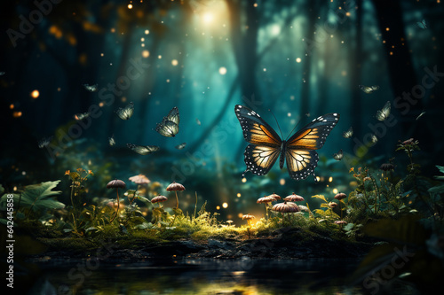Beautiful fantasy enchanted forest with butterflies, flowers and copy space. Fairy tale outdoor background made with AI'