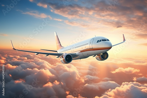 Passenger airplane in the sky above the clouds, passenger airplane gear released takes off in sky, beautiful panoramic background with flying plane against the background of the evening sky.