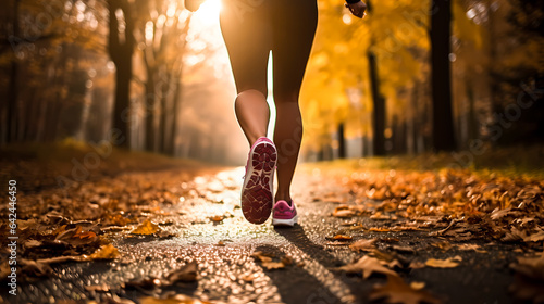 Athlete woman running in her sneakers trough the forest in autumn. Female jogging in running shoes closeup. Outdoor recreational training and active lifestyle  © Liravega