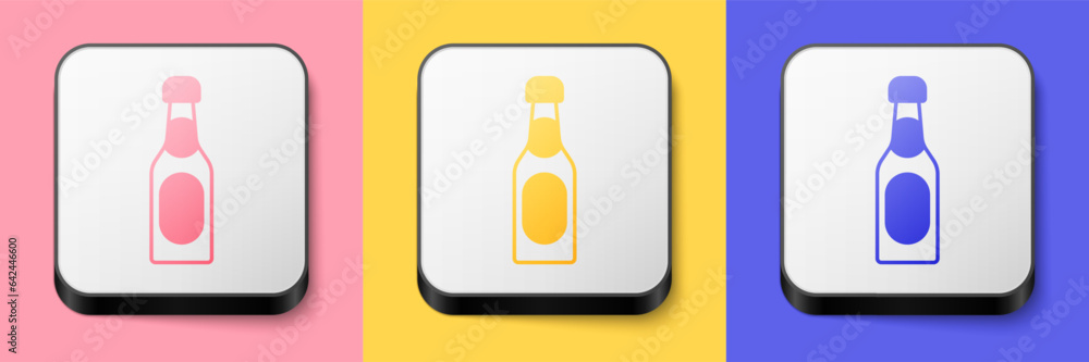 Isometric Champagne bottle icon isolated on pink, yellow and blue background. Square button. Vector Isometric Champagne bottle icon isolated on pink, yellow and blue background. Square button. Vector