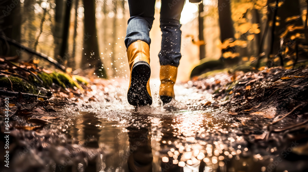 Woman in yellow boots walking through muddy forest puddles in autumn. Hiking boots in the woods closeup. Active lifestyle and outdoor recreation and exercise. Physical activity outside Woman in yellow boots walking through muddy forest puddles in autumn. Hiking boots in the woods closeup. Active lifestyle and outdoor recreation and exercise. Physical activity outside
