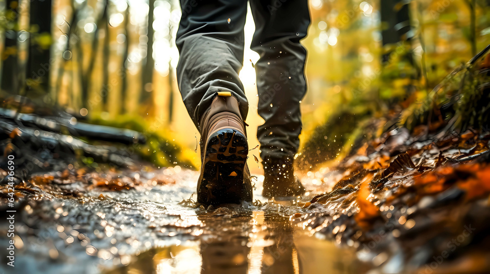 Man in boots walking through muddy forest puddles in autumn. Hiking boots in the woods closeup. Active lifestyle and outdoor recreation and exercise. Physical activity outside Man in boots walking through muddy forest puddles in autumn. Hiking boots in the woods closeup. Active lifestyle and outdoor recreation and exercise. Physical activity outside
