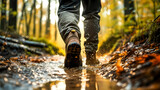 Man in boots walking through muddy forest puddles in autumn. Hiking boots in the woods closeup. Active lifestyle and outdoor recreation and exercise. Physical activity outside