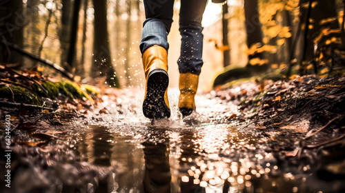Woman in yellow boots walking through muddy forest puddles in autumn. Hiking boots in the woods closeup. Active lifestyle and outdoor recreation and exercise. Physical activity outside