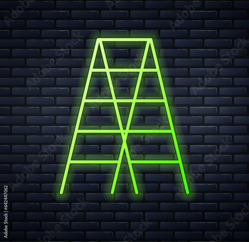 Glowing neon Wooden staircase icon isolated on brick wall background. Vector