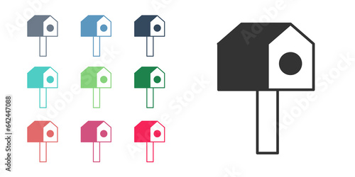 Black Bird house icon isolated on white background. Nesting box birdhouse, homemade building for birds. Set icons colorful. Vector