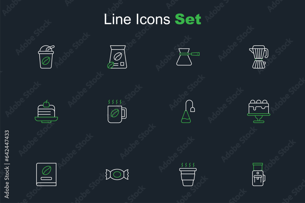 Set line Electric coffee grinder, Coffee cup to go, Candy, book, Cake, Tea bag, and Piece cake icon. Vector Set line Electric coffee grinder, Coffee cup to go, Candy, book, Cake, Tea bag, and Piece cake icon. Vector