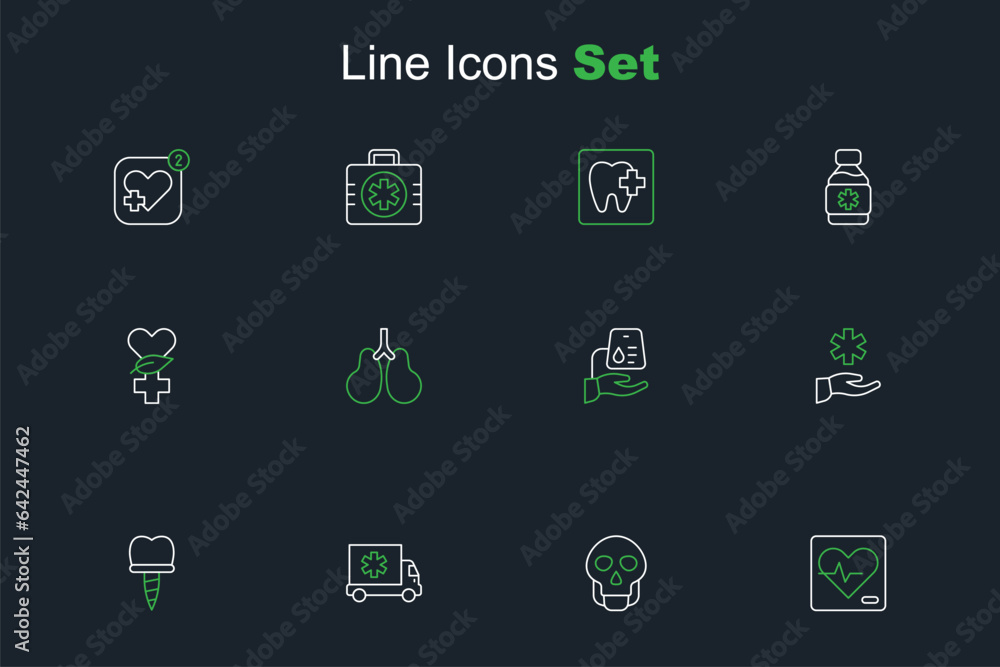 Set line Heart rate, Skull, Ambulance car, Dental implant, Cross hospital medical, Blood donation, Lungs and Ethnoscience icon. Vector Set line Heart rate, Skull, Ambulance car, Dental implant, Cross hospital medical, Blood donation, Lungs and Ethnoscience icon. Vector