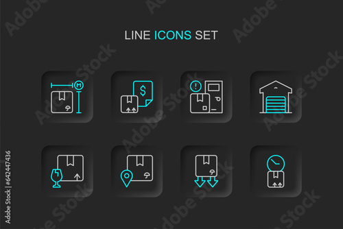 Set line Cardboard box with clock, traffic symbol, Location cardboard, Package fragile content, Warehouse, Home delivery services, Waybill and measurement icon. Vector
