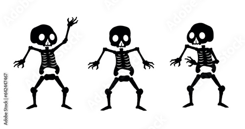 Set of shabby skeletons silhouettes. Halloween skeleton collection