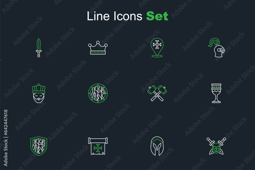 Set line Skull with sword, Medieval helmet, Crusade, Shield, goblet, Crossed battle hammers, Round wooden shield and King crown icon. Vector Set line Skull with sword, Medieval helmet, Crusade, Shield, goblet, Crossed battle hammers, Round wooden shield and King crown icon. Vector