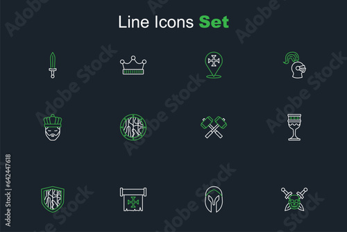 Set line Skull with sword, Medieval helmet, Crusade, Shield, goblet, Crossed battle hammers, Round wooden shield and King crown icon. Vector