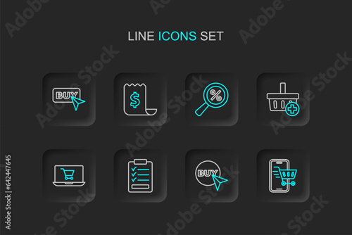 Set line Mobile with shopping cart, Buy button, Clipboard checklist, Shopping screen laptop, Add basket, Magnifying glass percent, Paper and financial and icon. Vector