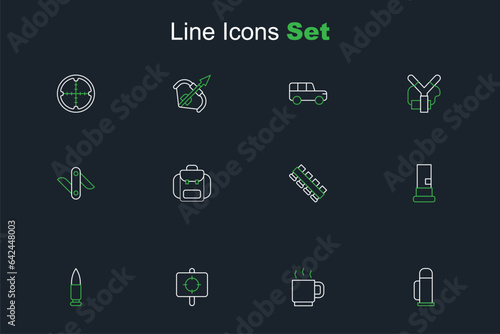 Set line Thermos container, Coffee cup, Target sport, Bullet, Cartridges, Hunting cartridge belt, Hiking backpack and Swiss army knife icon. Vector