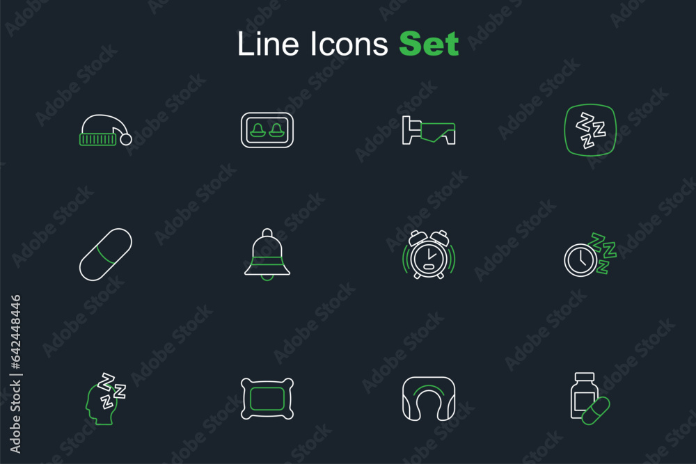 Set line Sleeping pill, Travel neck pillow, Pillow, Dreams, Alarm clock, Ringing bell and icon. Vector Set line Sleeping pill, Travel neck pillow, Pillow, Dreams, Alarm clock, Ringing bell and icon. Vector