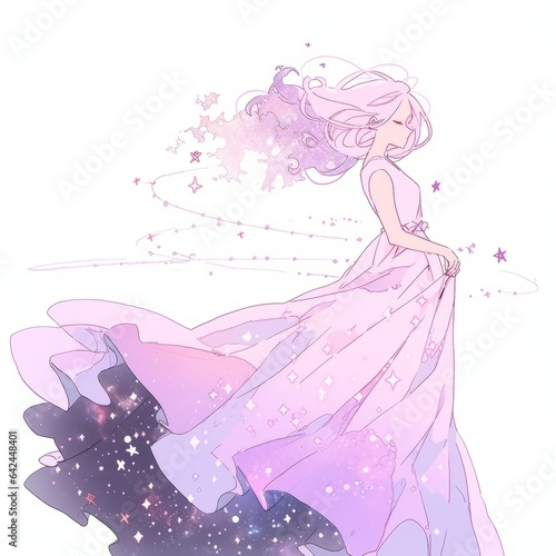 Lavender Dream: A Celestial Journey of a Gown-Clad Girl on a Dazzling Planet