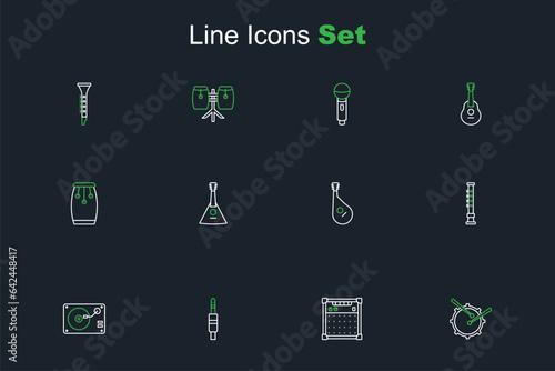 Set line Drum with drum sticks, Guitar amplifier, Audio jack, Vinyl player vinyl disk, Flute, Bandura, Balalaika and Conga drums icon. Vector