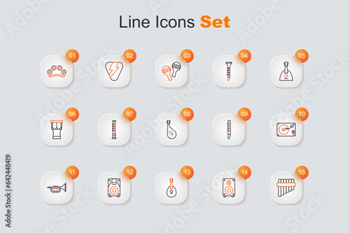 Set line Pan flute, Stereo speaker, Mandolin, Trumpet, Vinyl player with vinyl disk, Flute and Bandura icon. Vector
