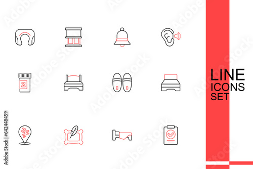 Set line Medical prescription, Bed, Pillow, Sleepy, Big bed, Slippers, and Sleeping pill icon. Vector