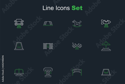 Set line Ferris wheel, Playground kids bridge, Attraction carousel, Sandbox with sand, Swing, Swedish wall and for icon. Vector